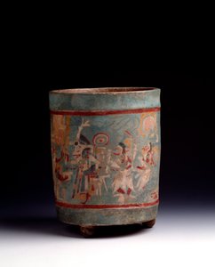 Precolumbiaanse kunst, Maya-beschaving, klassieke periode: cilindrische vaas in polychrome klei versierd met een ceremoniële scène met personages in processie door Mayan Mayan