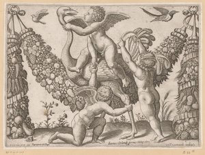 Drie putti en een struisvogel (Tapisserieën van de paus)