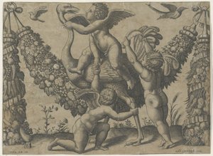 Drie putti met een struisvogel. Wandtapijten van de paus door Rafaël door Meester van de Dobbelsteen