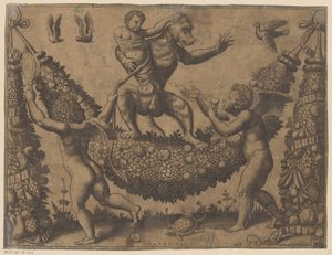 Putti een aap bespottend door Meester van de Dobbelsteen