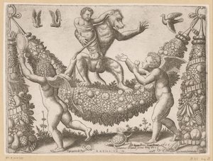 Putti een aap bespottend. Tapisserieën van de paus door Meester van de Dobbelsteen