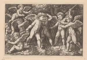 Spelende putti door Meester van de Dobbelsteen