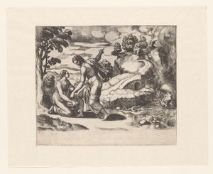 Venus stuurt Psyche naar een bron bewaakt door draken door Meester van de Dobbelsteen