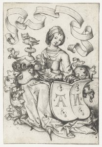 Dame met uil en wapenschild met de letters AN