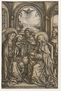 De Heilige Familie in een gewelfde ruimte door Meester van het Amsterdamse Kabinet