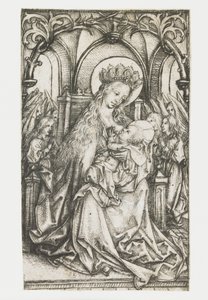 Tronende Madonna door engelen aanbeden door Meester van het Amsterdamse Kabinet