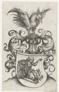 Wapenschild met oude twijnende vrouw