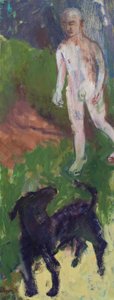 Blanke man die een zwarte hond uitliet, 2016 (olieverf op doek) door Megan Williamson