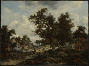 Een bebost landschap met reizigers op een pad door een gehucht