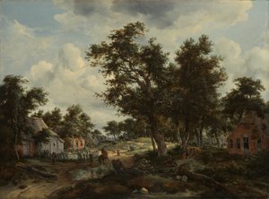 Een bebost landschap met reizigers op een pad door een gehucht, c.1665
