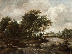 Landschap met hengelaars en een stad in de verte door Meindert Hobbema