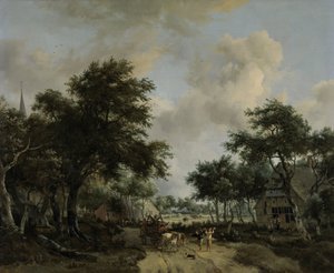 Bosrijk landschap met vrolijk gezelschap in een kar door Meindert Hobbema