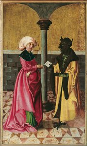 De overbrenging van het valse bericht door de duivel (Legende van de heiligen Cosmas en Damian) door Meister der Legendenszenen