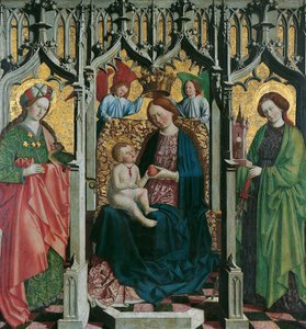 Troonende Maria met de Heiligen Margaretha en Barbara (voorzijde); Man van Smarten in rankenornament (achterzijde)