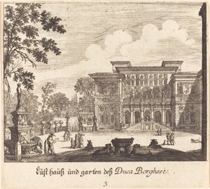 Borghese-paleis en tuinen door Melchior Küsel after Johann Wilhelm Baur