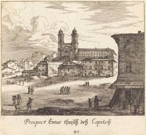 Stadsgezicht door Melchior Küsel after Johann Wilhelm Baur