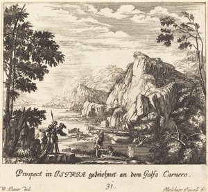 Istrië, Carnero Golf door Melchior Küsel after Johann Wilhelm Baur