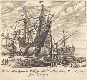 Schepen door Melchior Küsel after Johann Wilhelm Baur