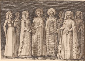 Acht dames in oude kostuums door Melchior Lorch