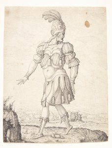 Een man in Romeinse kleding, wijzend naar een bron door Melchior Lorck
