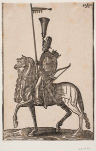 Bereden soldaat, profiel naar links; lans met wimpel, boog naast zich, rond schild, pijlenkoker; hoofddeksel met verenpluim door Melchior Lorck