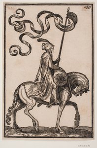 Bereden standaarddrager, profiel naar rechts; de standaard is tweevleugelig, de ruiter ongewapend, op het paard voor hem een worstvormige bagagezak
