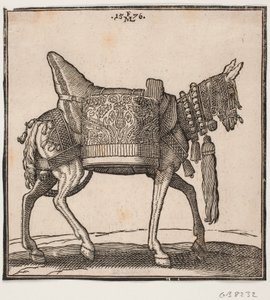 Een prachtig uitgerust muildier, profiel naar rechts door Melchior Lorck