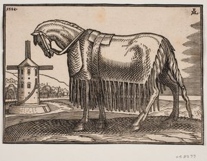 Paard, bedekt met schabrak, profiel naar links door Melchior Lorck