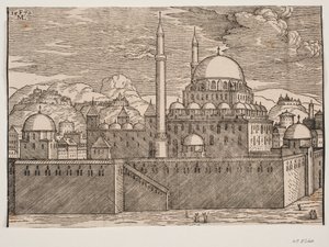 Geïdealiseerd beeld van de Bayazidiye-moskee, gezien vanuit het zuidoosten