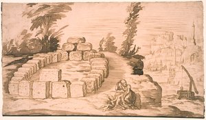 Landschap met een steencirkel en een oude vrouw met een kind