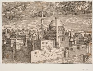 Moskee, met twee minaretten, gezien vanuit het noordwesten; aan de andere kant van het water is Galata te zien. In de rechterbenedenhoek is een kubusvormige steen, waarop een vierkant geometrisch figuur is geëtst, een figuur die vermoedelijk weergeeft door Melchior Lorck