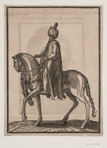 Bereden oudere man, met knuppel aan zijn zijde, profiel naar links; onder de hals van het paard hangt een paardenstaart of ossenstaart als teken van de waardige status van de man
