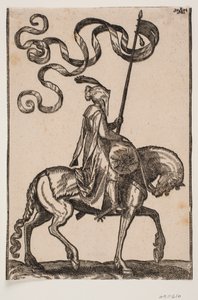 Bereden vaandeldrager, profiel naar rechts; de standaard heeft twee staarten; de ruiter is ongewapend; op de rug van het paard voor hem is een worstvormige zak voor het dragen van bagage