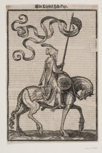 Bereden Vaandeldrager, Profiel naar Rechts; de Standaard is Tweestaartig; de Ruiter is Ongewapend; op de Rug van het Paard voor Hem is een Worstvormige Zak voor het Dragen van Bagage
