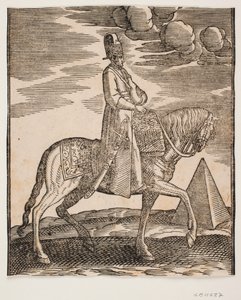 Ruiter met een fles om zijn nek, profiel naar rechts; een zwaard aan zijn rechterzijde en bagage voor hem, gedrapeerd over het zadel; rechts, op de achtergrond, een piramide door Melchior Lorck