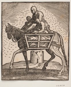 Ruiter met kap over het gezicht; aan elke kant van het paard een traliekooi met daarin een mens; profiel naar links; onder het paard een verwoeste, cilindrische toren door Melchior Lorck