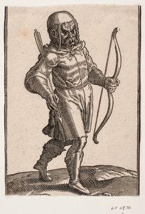 Soldaat, lopend naar rechts; laarzen en knielange kleding; in de linkerhand een boog, in de rechterhand een pijl