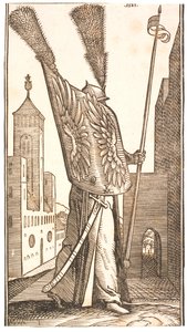 Staande soldaat met een schild versierd met adelaarsvleugels en een helm met een enorme pluim door Melchior Lorck