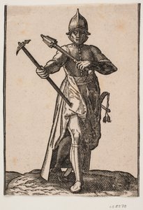 Staande soldaat met helm, frontaal gezien; in de rechterhand een strijdhamer, in de linkerhand een strijdknots, achterste been en voet verdraaid ten opzichte van het voorste; aan de linkerzijde een zwaard door Melchior Lorck