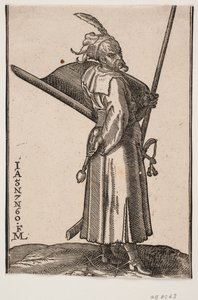 Staande soldaat (akinci), profiel naar rechts; in de rechterhand een strijdknots, in de linkerhand een lans waarvan de top buiten de bovenste kaderlijn is; op de linkerarm een schild met de binnenkant naar boven, aan de linkerzijde een zwaard door Melchior Lorck