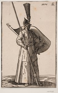 Staande soldaat, naar rechts gekeerd; op het hoofd een puntige helm met een aanzienlijke veerbos; in de rechterhand een lans, waarvan de top buiten de bovenste kaderlijn is; op de linkerarm een schild met de binnenkant naar boven gekeerd