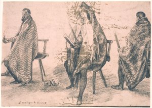 Drie zittende mannen, elk met een kaars in de hand door Melchior Lorck