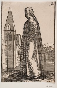 Gesluierde, Wandelende Vrouw, Profiel naar Links; Voor Haar Verrijst een Stadsmuur met Torens uit het Water