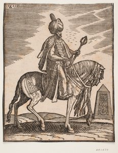 Ruiter met tulband en een zwaard aan zijn rechterzijde en een oorlogsknots in zijn linkerhand, profiel naar rechts; op de achtergrond een obelisk door Melchior Lorck