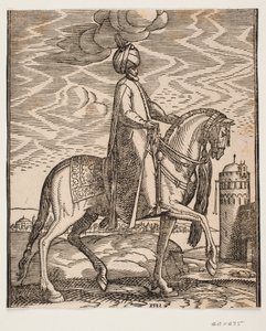 Ruiter met tulband, met knuppel aan de rechterkant van het paard; profiel naar rechts; aan de rechterkant van het beeld een muur met een poort en een ronde toren
