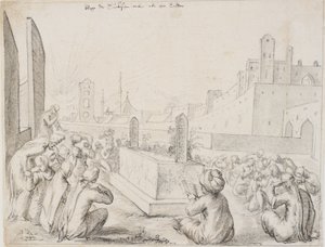 Turkse vrouwen rouwen rond een grafsteen