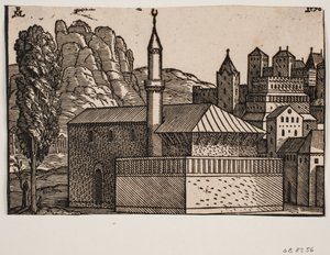 Ongeïdentificeerde moskee met 1 minaret, links hooge boom