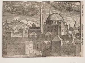 Ongeïdentificeerde moskee met 2 minaretten, gezien vanuit het zuidoosten; links een berg met versterkte stad door Melchior Lorck