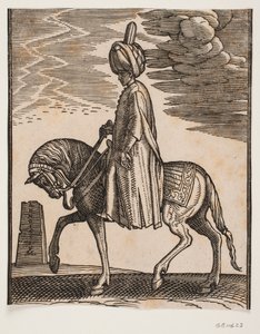Ongewapende ruiter met tulband, profiel naar links; voor het paard een obelisk in ruïnes