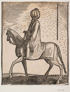 Ongewapende ruiter met tulband, profiel naar links; in het bovenste rechterdeel van de afbeelding een aparte schets van een stok door Melchior Lorck